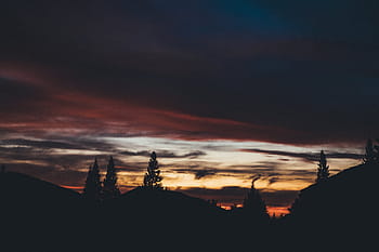 fotografie, stromy, hora, zlatý, hodina, silueta, hory, noc, temný, večer, nebe