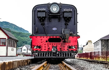 kırmızı, siyah, tren, raylar, gündüz, Izlemek, demiryolu, çelik, evler, platform, taşımacılık