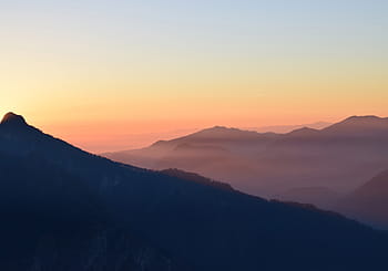 실루엣, 산, 흐린, 하늘, 사진, 산들, 안개, 황금의, 시간, 일몰, 구름