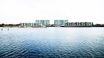 tělo, voda, během dne, uklidnit, u, vysoký, vzestup, budova, jezero, budov, architektura