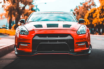 Červené, nissan gtr, zaparkováno, silnice, oranžový, auto, vozidlo, cestovat, výlet, strom, rostlina