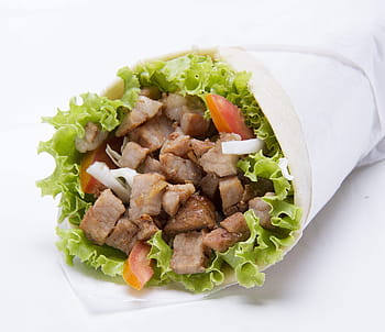 gotowane shawarma, kebab, kanapka, wieprzowina, jedzenie, szybki, posiłek, obiad, mięso, pomidor, warzywo