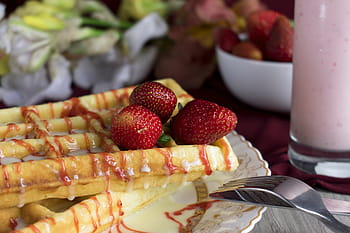 wafer, viennese waffles, dessert, food, nutrition, plate, sweet, berry, closeup, strawberry, condensed milk