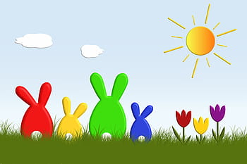 red, yellow, green, blue, rabbits painting, hare, easter bunny, easter, funny, colorful, sun