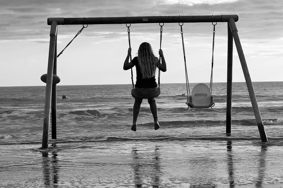 girl swings, facing, sea, grayscale photo, girl, swings, grayscale, altalenando, on the water, swing, barbara bonanno