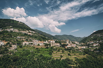 Landschaft erschossen, genommen, klein, Stadt, Dorf, sitzt, Süd-, Italien, Landschaft, Schuss, Ravello, Amalfi küste