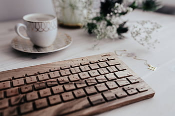 teclado, xícara, café, De madeira, xícara de café, tecnologia, mesa, oree, cappucino, hipster, caffee