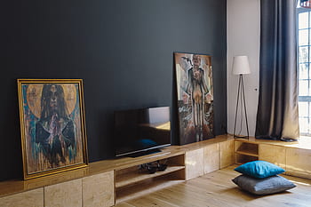 interior, design de interiores, quarto, loft, apartamento, sala de estar, arte, pinturas, paredes escuras, paredes de tijolos, Moderno