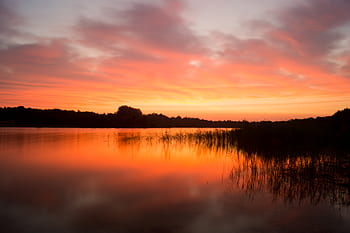 amanecer, cielo, lago, agua, nubes