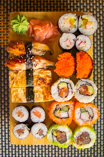 Nahansicht, Foto, Sushi, Lebensmittel, braun, hölzern, Oberfläche, Reis, gesund, japanisch, Wasabi