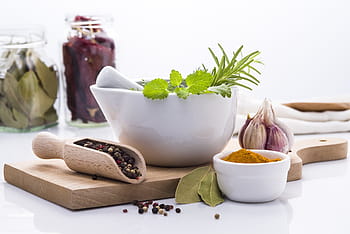 peppermint, mortar, pestle, vegetable, spice, herbs, chopping, board, spices, ingredients, kitchen