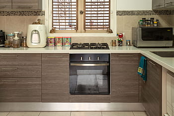 brown, wooden, kitchen cabinet, built, gas range oven, kitchen, interior, stove, cooking, flat, apartment