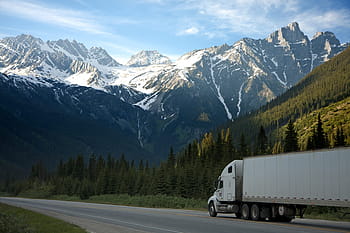white, freight truck, running, concrete, road, snow, covered, mountain, distance, daytime, truck
