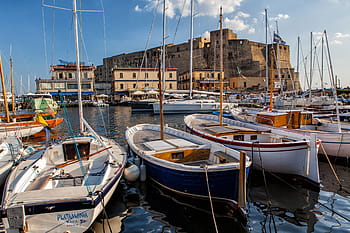 širokoúhlý záběr, široký úhel, výstřel, přístav, napoli, Itálie, městský, pobřeží, námořní plavidlo, moře, marina