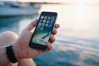モバイル、 電話、 男、 手、 海、 携帯電話、 白人、 夏、 水、 技術、 iphone