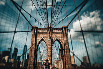 américain, drapeau, pont, Etats-Unis, brique, architecture, Voyage, ciel bleu, dramatique, Brooklyn, New York
