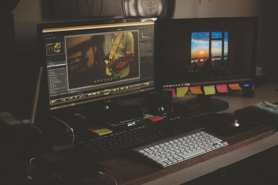 dva, otočil, počítačů, počítač, multimédia, zvukové studio, technologie, sdělení, spojení, digitální, obrazovka