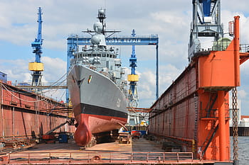 bateau gris, chantier naval, la construction navale, réparation, Bundeswehr, Hambourg, blohm et voss, frégate, renouvellement, grues, La technologie