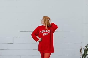 woman, standing, front, white, painted, wall, outdoor, people, girl, lady, red