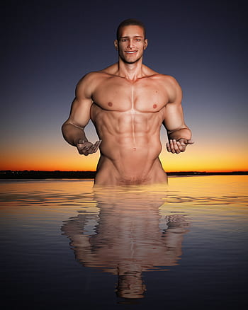uomo mezzo nudo, riflesso d'acqua, muscolare, tramonto, in piedi, riflessione, muscolo, tipo, maschio, in forma, salutare