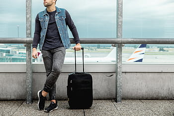 Male, tourist, standing, outdoor, airport, luggage, bag, board, boy, bus, delay