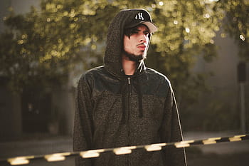 muž, nošení, Černá, zip-up mikina, stojící, strom, šedá, zip, mikina, lidi, člověče, chlap