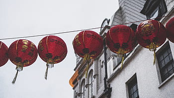 red, paper lantern, hanged, string, building, art, design, lantern, china, wire, cultures