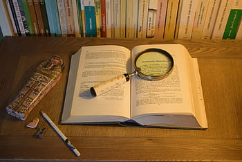 livre, grossissant, verre, crayon, figurine de sarcophage égyptien, loupe, égyptien, sarcophage, je suis un étudiant, en train de lire, bibliothèque