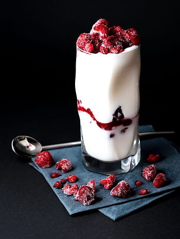 milk, shake, raspberries toppings, glass, drinks, beverage, white, red, cloth, spoon, food