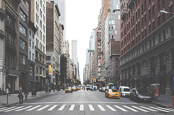 taxi, zaparkováno, vysoký, vzestup budovy, v centru města, New York, město, nyc, ulicích, silnic, přechod pro chodce