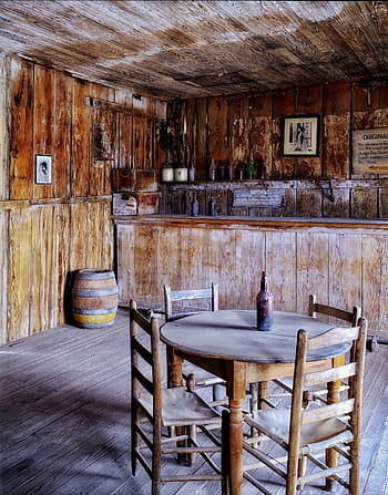 láhev, horní, dřevěný, stůl, soudce královské fazole, salón, texas, uvnitř, interiér, dřevo, starožitností