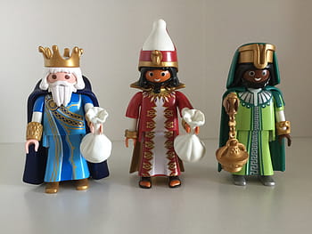 tři, královské figurky, šedá, povrch, playmobil, postava, hračky, melchor, gaspar, magi, baltasar