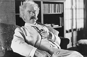 gray, scale photography, man, sitting, sofa, mark twain, vintage, author, humorist, portrait, writer