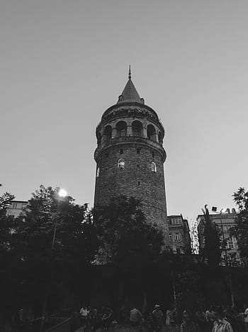 szürkeárnyalatos fényképezés, világítótorony, szürke, Konkrét, szerkezet, galata-torony, Isztambul, Törökország, építészet, emberek, fekete és fehér