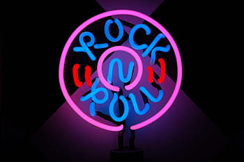 rosa, azul, rocha, n, rolo, sinalização, virou-se, Rock And Roll, Lâmpada, Néon, 50'S