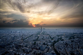 aereo, Parigi, tramonto, città, orizzonte, cielo, nuvole, bellissimo, sfondo, viaggio, turismo