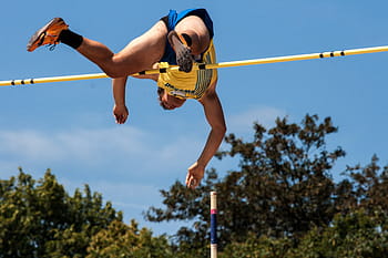 muž, skákání, žlutá, lepit, atletika, skok o tyči, sport, junior gala mannheim