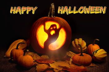 ghost, carved, pumpkin, happy, halloween text overlay, lit, halloween, orange, holiday, autumn, spooky