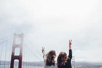 two, women, raising, hands, golden, gate bridge, daytime, person, peace, sign, gate