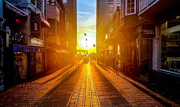 sunset, street, road, buildings, stores, shops, caffes, restaurants, pedestrians, people, walking