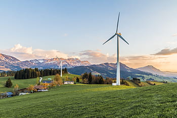 two, white, wind vanes, green, mountain, green mountain, wind turbine, wind energy, environmentally friendly, energy, power generation