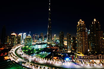 panoráma města Dubaj, noc, centrum, sjednocený, arabské emiráty, -, Dubaj, panoráma města, v noci, burj khalifa, Spojené arabské emiráty