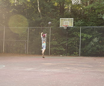 Basketball, hra, venku, chlapec, hraní, soud, míč, obruč, aktivita, zábava, osoba
