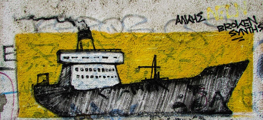 boat, graffiti, wall, urban, city, graffiti wall, street, greece, volos