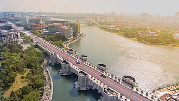 concrete, bridge, green, trees, buildings, architecture, building, infrastructure, sky, city, urban