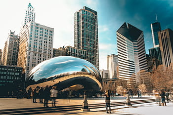 lidé, stojící, cloud gate, Chicago, architektura, budova, infrastruktura, nebe, mrakodrap, věž, panoráma