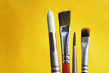 four, assorted-color paint brushes, brush, paint, art, design, style, stroke, yellow, paintbrush, vibrant color