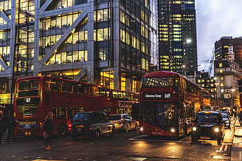 taxis, buses, cars, streets, london, sunset, Traffic, streets of London, urban, car, night