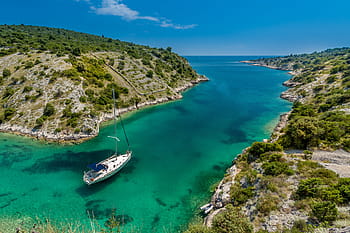white, power boat, green, ocean, white power, sea, summer, beach, nature, blue, coastline