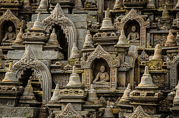 gray, concrete, sleeping, Buddha statues, borobudur, temple, mini, macro, model, buddha, indonesia